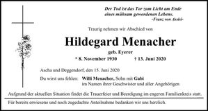 Traueranzeige Hildegard Menacher