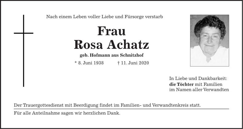 Traueranzeige Achatz Rosa