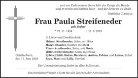 Traueranzeige Paula Streifeneder