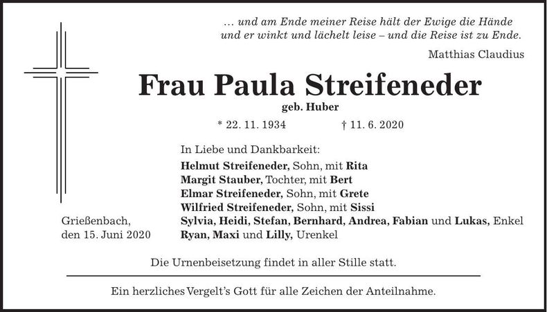Traueranzeige Paula Streifeneder