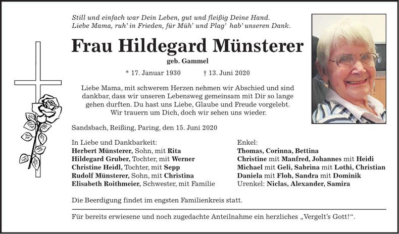Traueranzeige Hildegard Münsterer