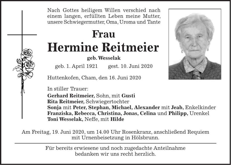 Traueranzeige Hermine Reitmeier