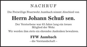 Traueranzeige Johann Schuß