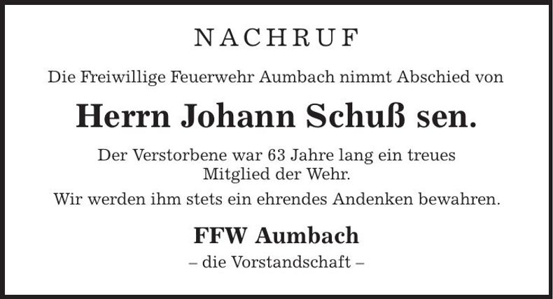 Traueranzeige Johann Schuß
