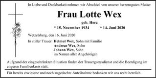Traueranzeige Lotte Wex