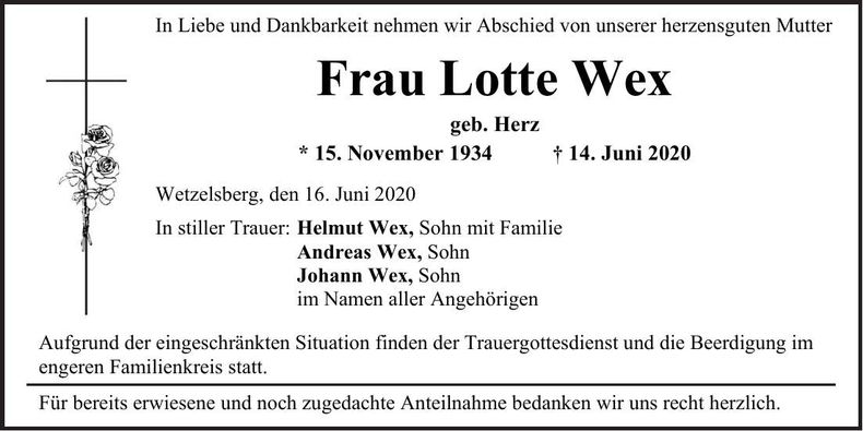 Traueranzeige Lotte Wex