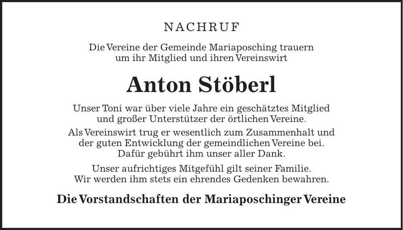Traueranzeige Anton Stöberl