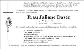 Traueranzeige Juliane Daser