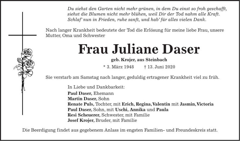 Traueranzeige Juliane Daser