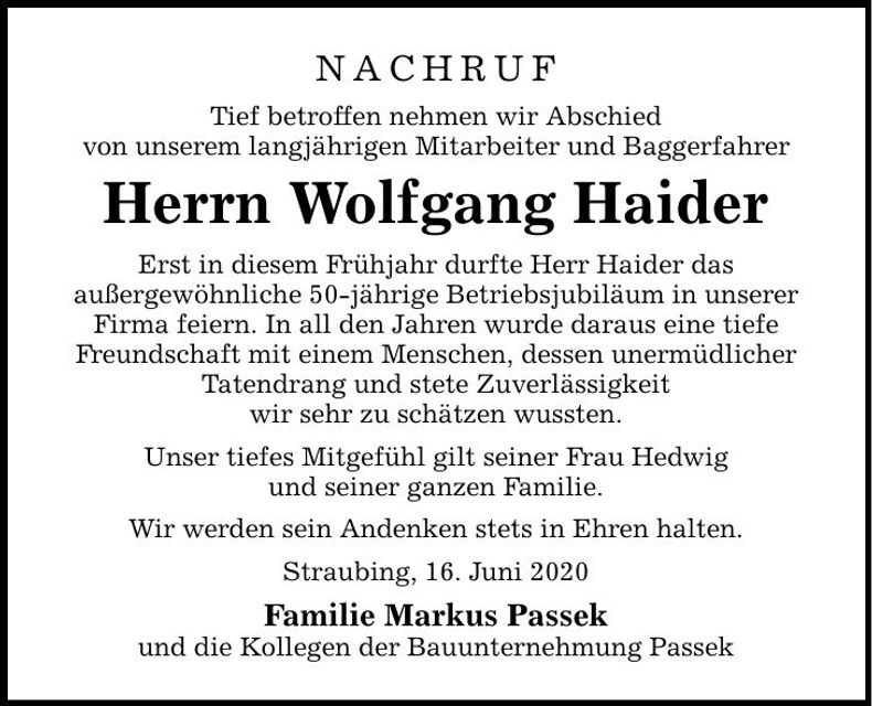 Traueranzeige Wolfgang Haider