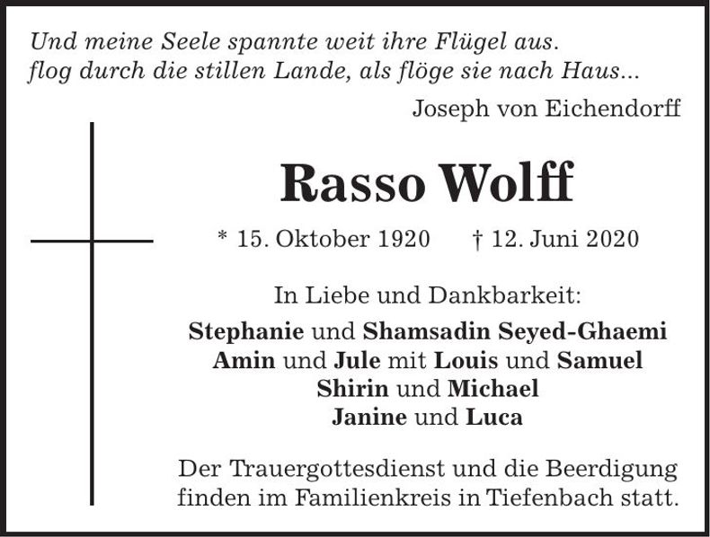 Traueranzeige Rasso Wolff