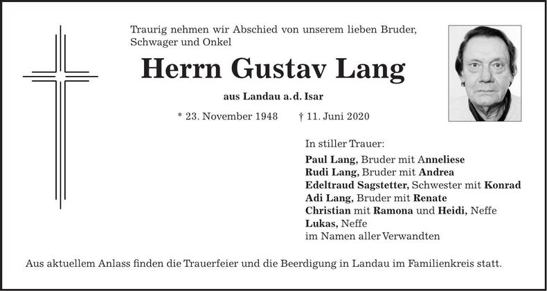 Traueranzeige Gustav Lang