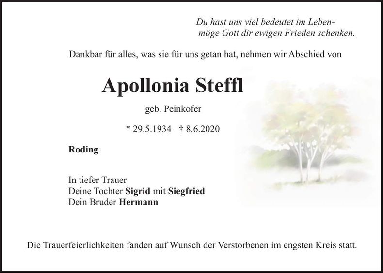 Traueranzeige Apollonia Steffl
