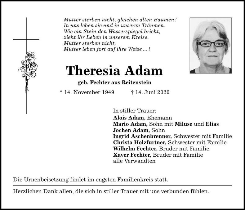 Traueranzeige Theresia Adam