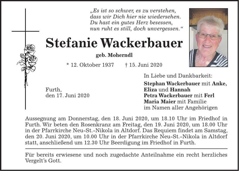 Traueranzeige Stefanie Wackerbauer