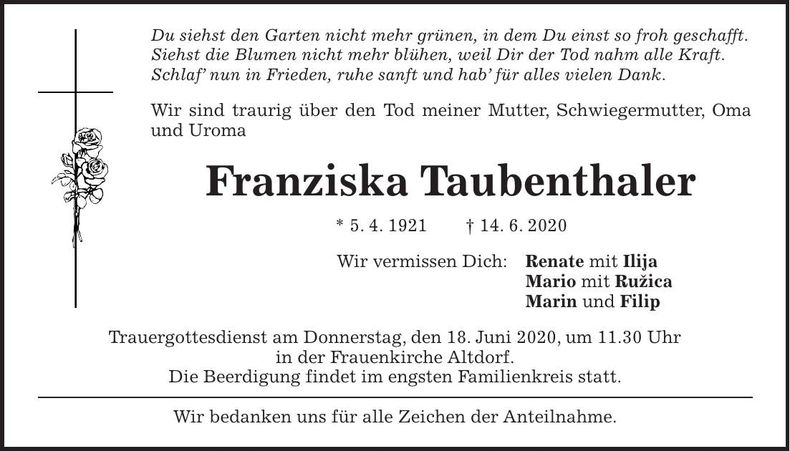Traueranzeige Franziska Taubenthaler