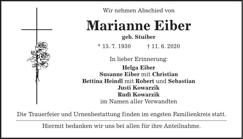 Traueranzeige Marianne Eiber