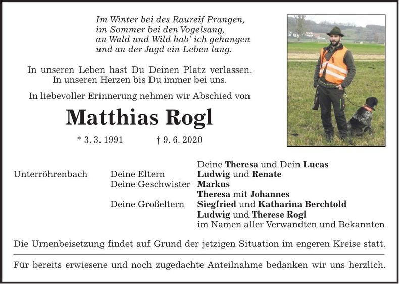 Traueranzeige Matthias Rogl