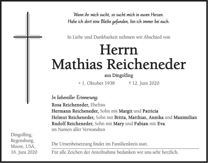 Traueranzeige Mathias Reicheneder