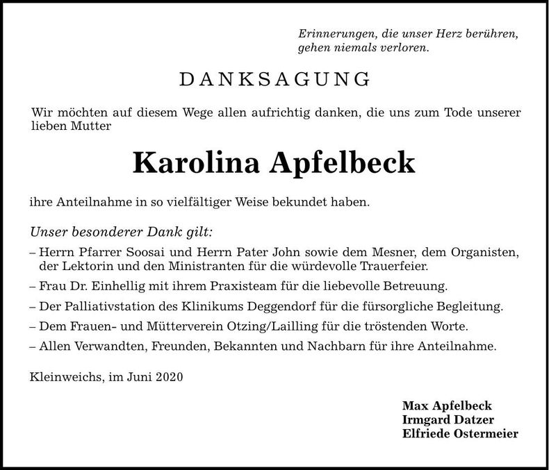 Traueranzeige Karolina Apfelbeck