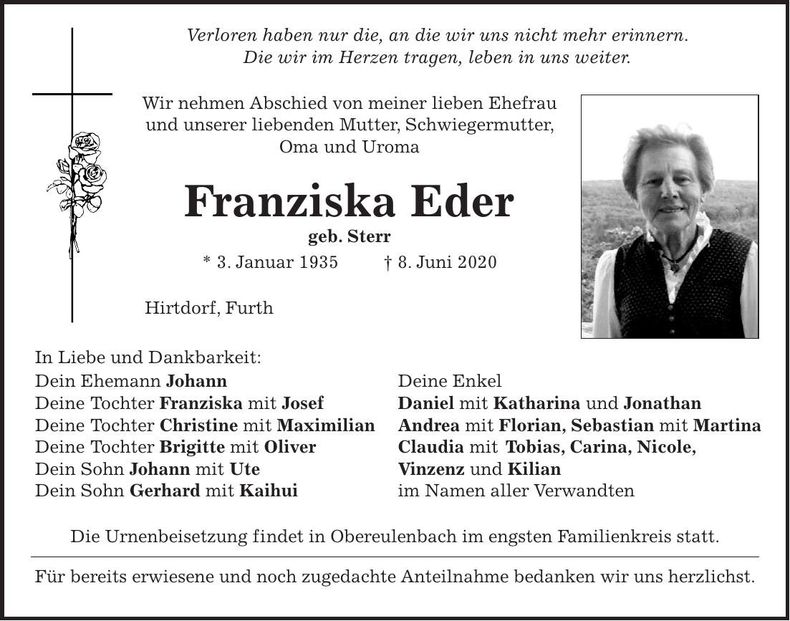 Traueranzeige Franziska Eder