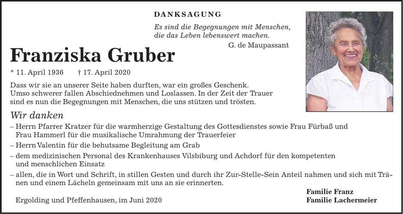 Traueranzeige Franziska Gruber