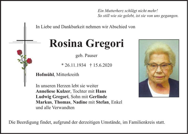 Traueranzeige Rosina Gregori