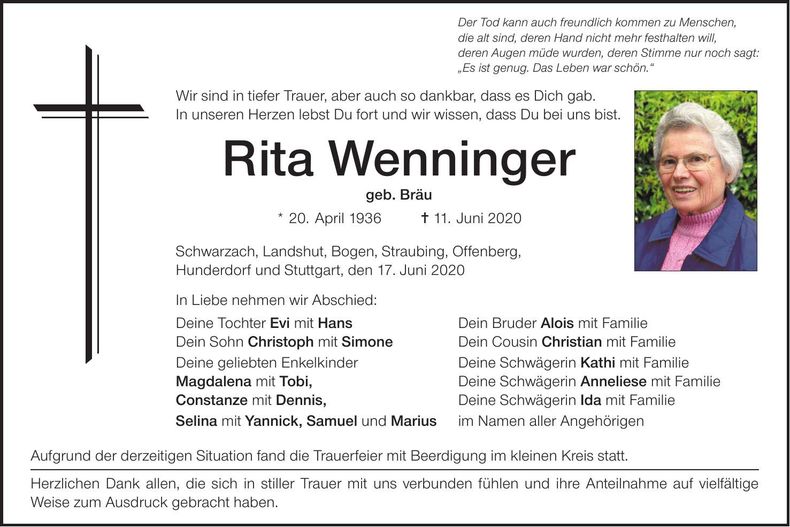 Traueranzeige Rita Wenninger
