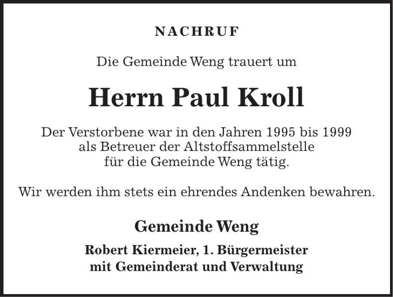 Traueranzeige Kroll Paul