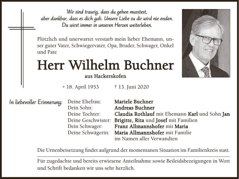 Traueranzeige Wilhelm Buchner
