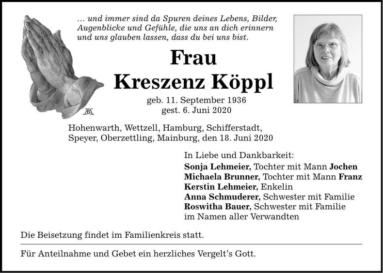 Traueranzeige Kreszenz Köppl