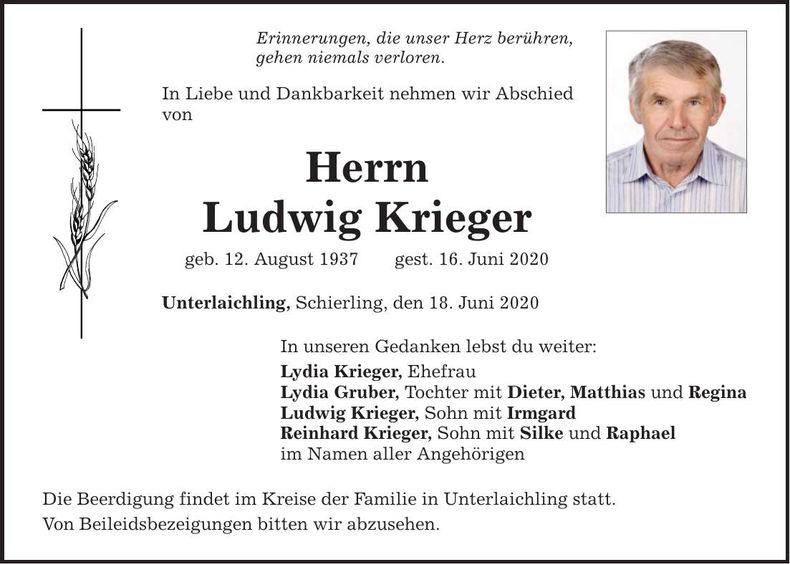 Traueranzeige Ludwig Krieger