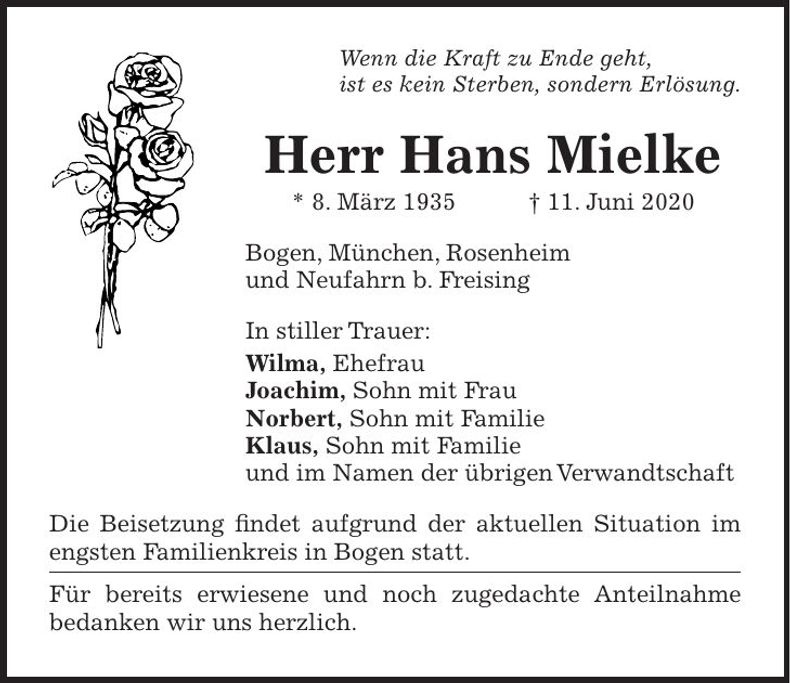 Traueranzeige Hans Mielke
