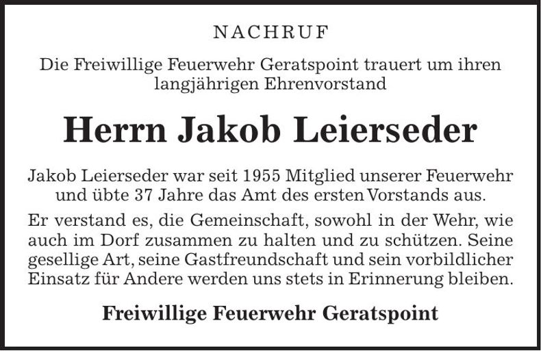 Traueranzeige Jakob Leierseder