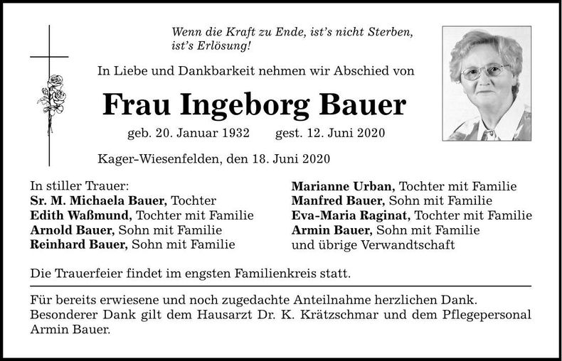 Traueranzeige Ingeborg Bauer