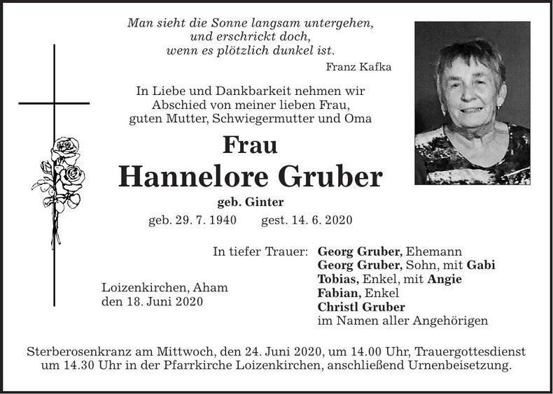 Traueranzeige Hannelore Gruber