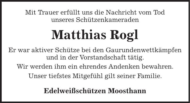 Traueranzeige Matthias Rogl