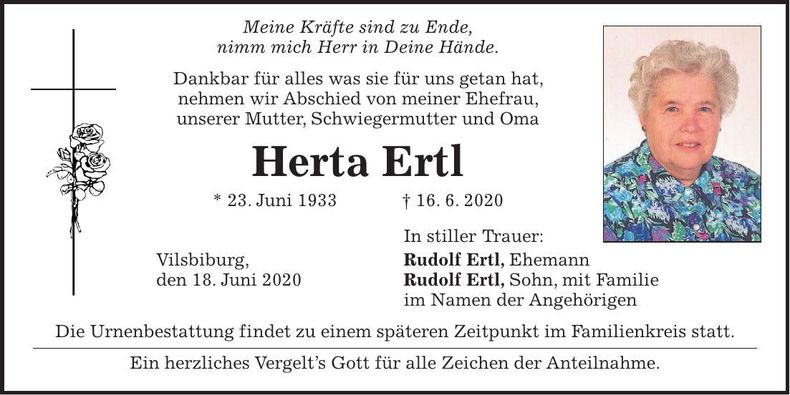 Traueranzeige Herta Ertl