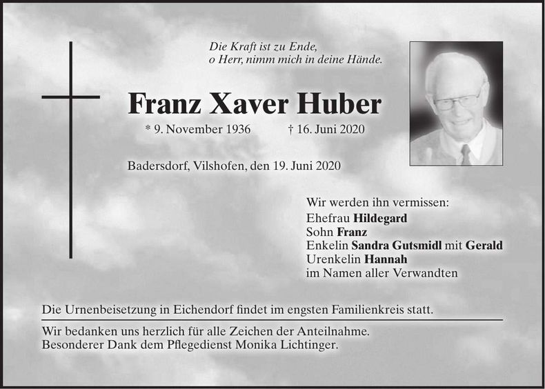 Traueranzeige Xaver Huber