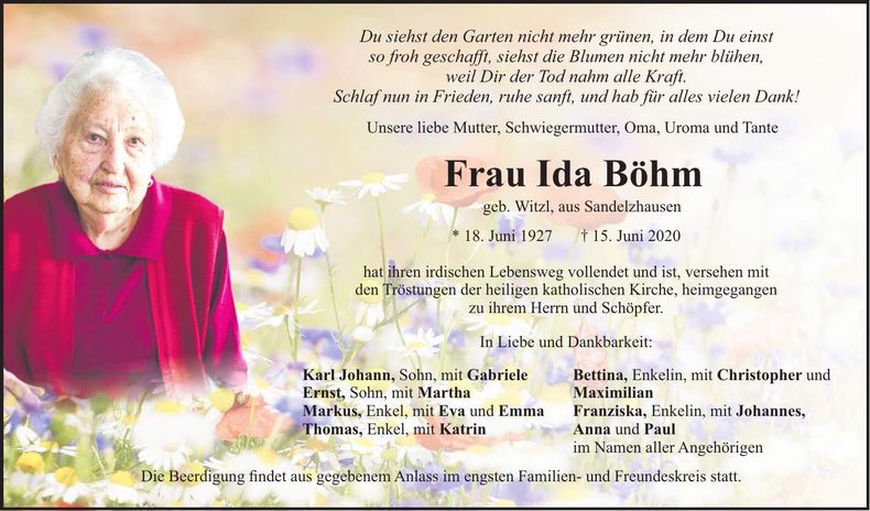 Traueranzeige Ida Böhm