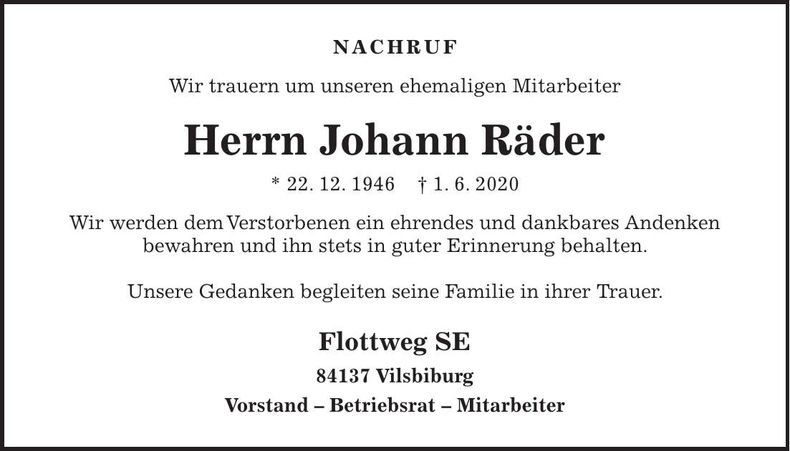 Traueranzeige Johann Räder