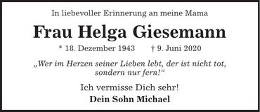Traueranzeige Helga Giesemann