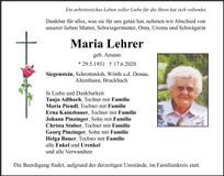 Traueranzeige Maria Lehrer