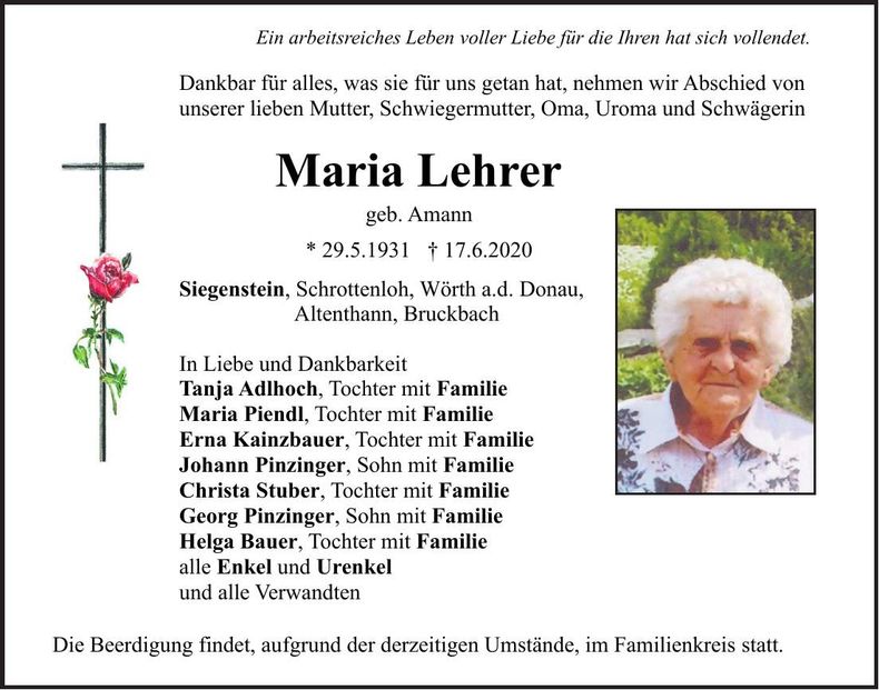 Traueranzeige Maria Lehrer