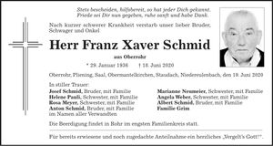 Traueranzeige Franz Xaver Schmid