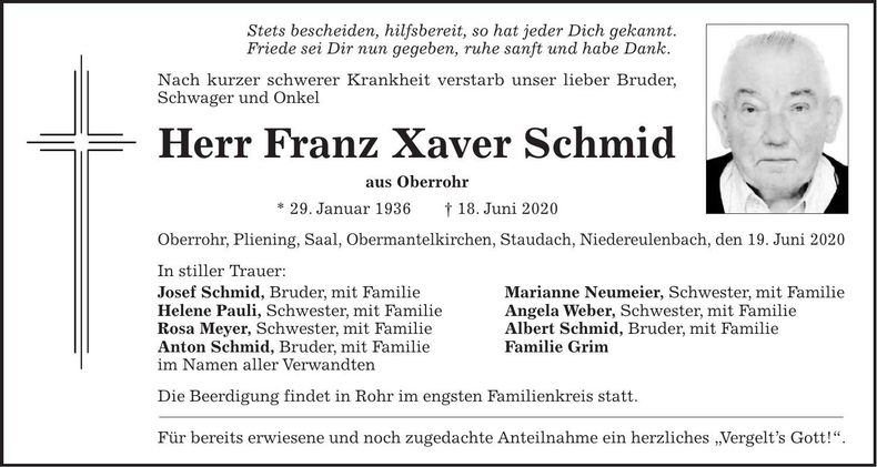 Traueranzeige Franz Xaver Schmid