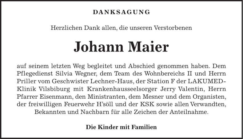 Traueranzeige Johann Maier