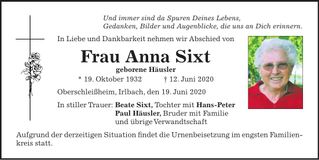 Traueranzeige Anna Sixt