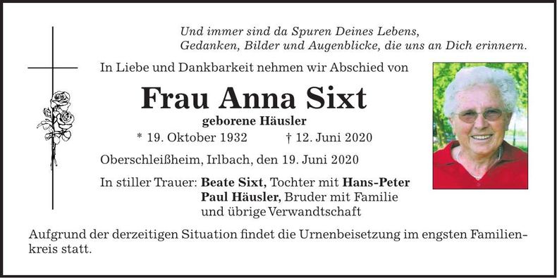 Traueranzeige Anna Sixt