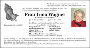 Traueranzeige Irma Wagner